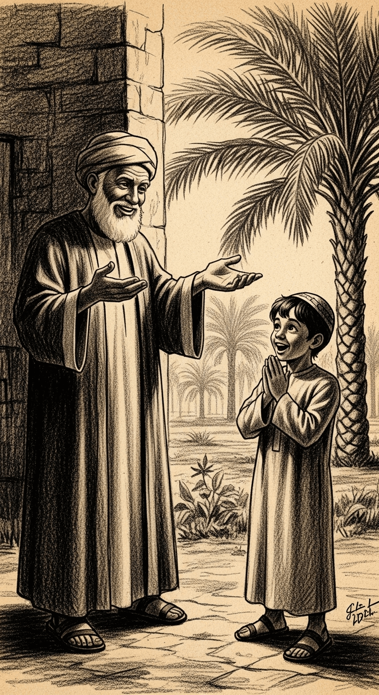 The generous man gifting the entire date palm garden to the astonished young boy.