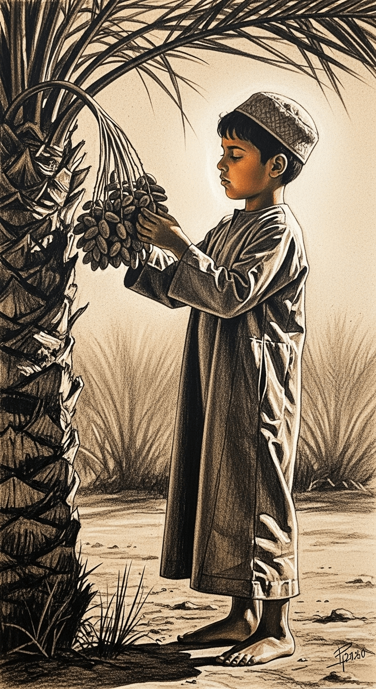 A young, pious boy tending to date palm trees in a desert garden, showing devotion.