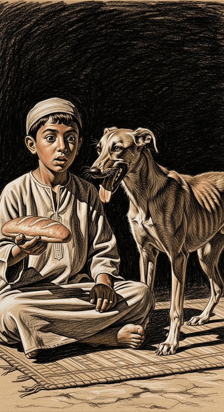 A lean, hungry desert dog approaching the boy as he sits with his bread.