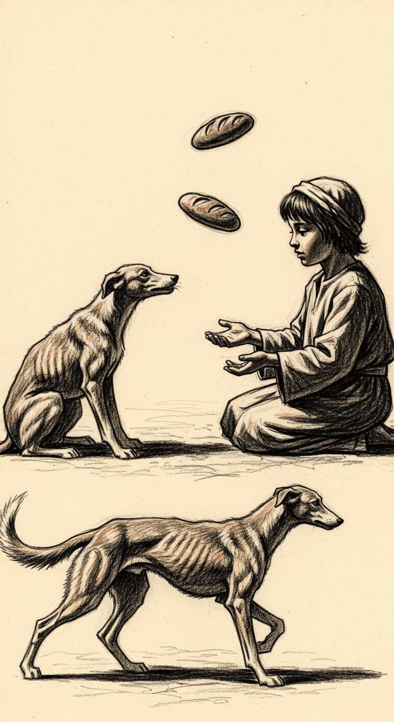 The boy giving three loaves of bread to the desert dog, leaving himself with nothing.