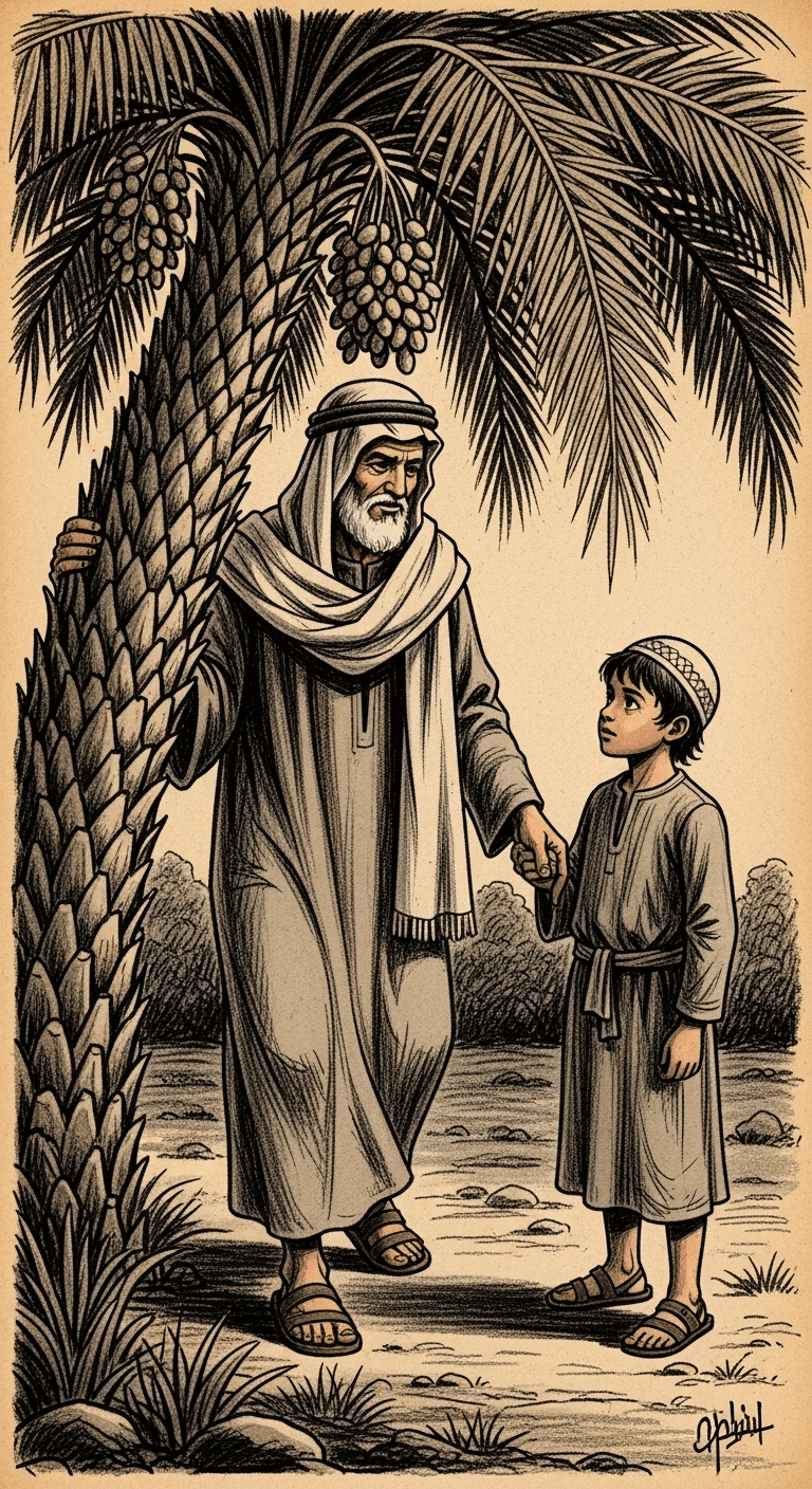 A wise, generous man approaching the boy from behind a date palm tree.