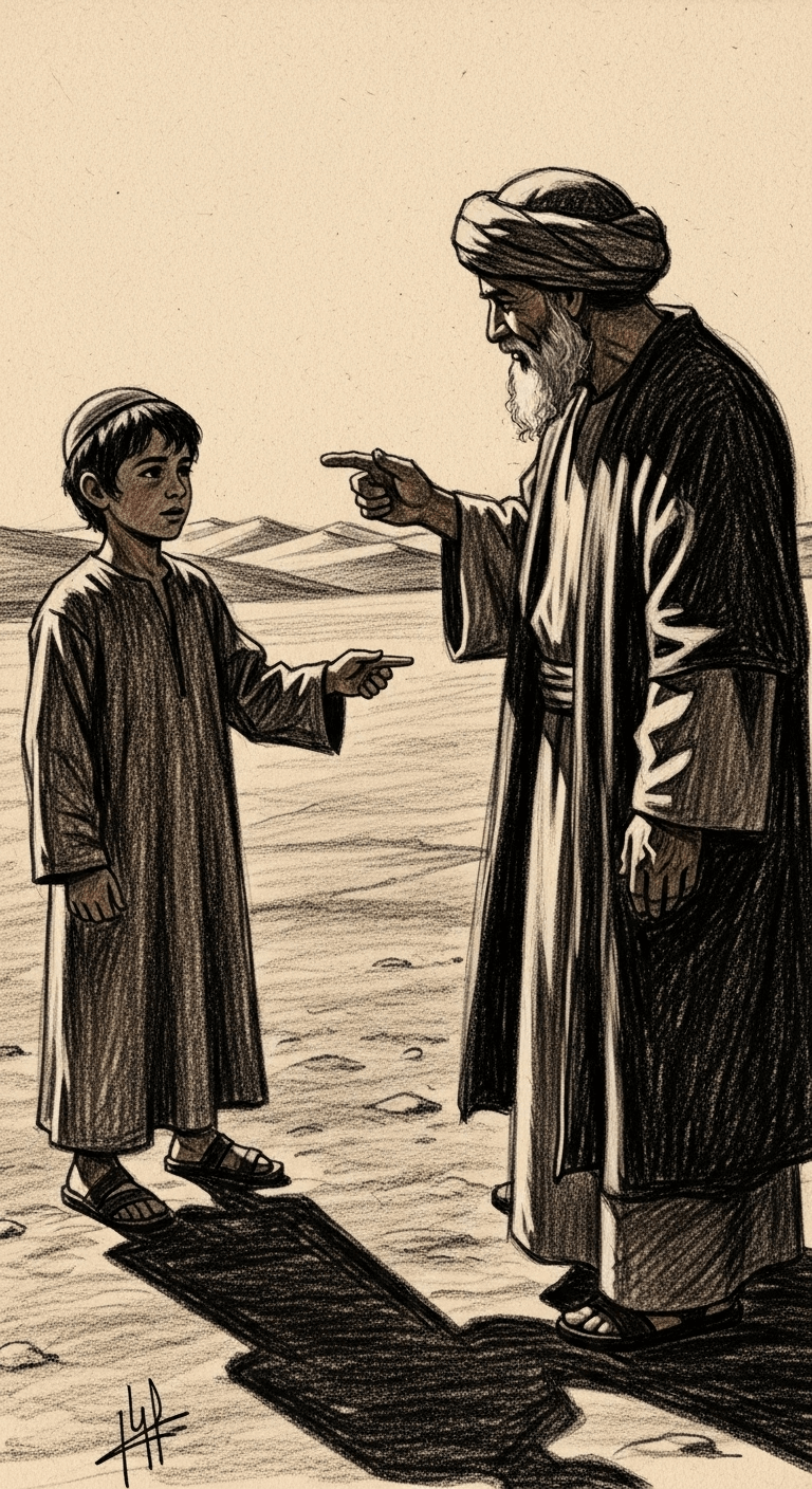 The boy explaining his actions to the man, gesturing towards the distant desert.
