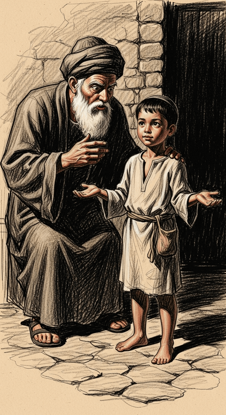 The man looking at the boy with awe as the boy accepts his hunger without complaint.