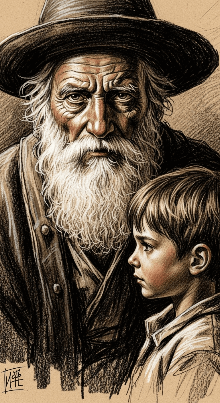 Close-up of the generous man's face, deep in contemplation and admiration for the boy.