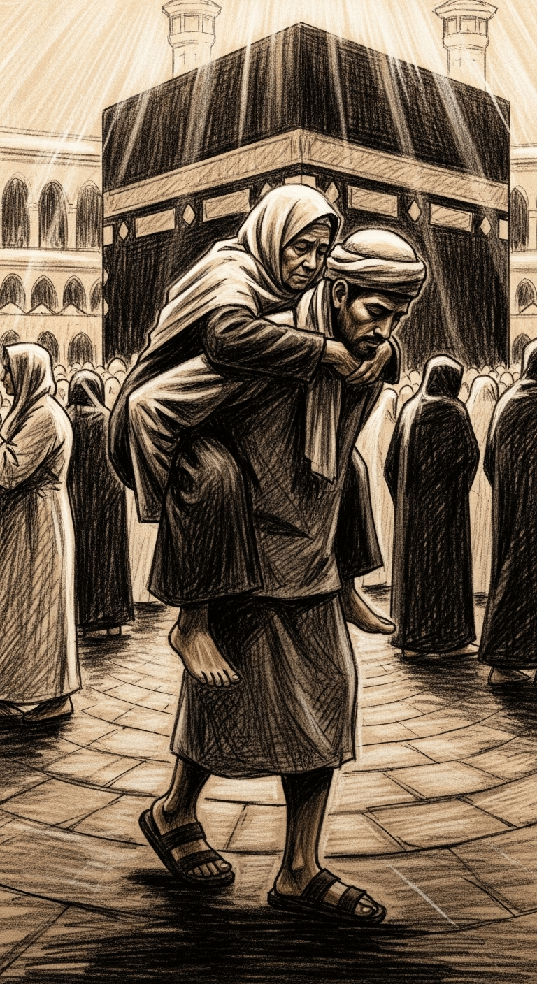 Humble man carries his mother on his shoulders while performing Tawaf around the Kaaba.