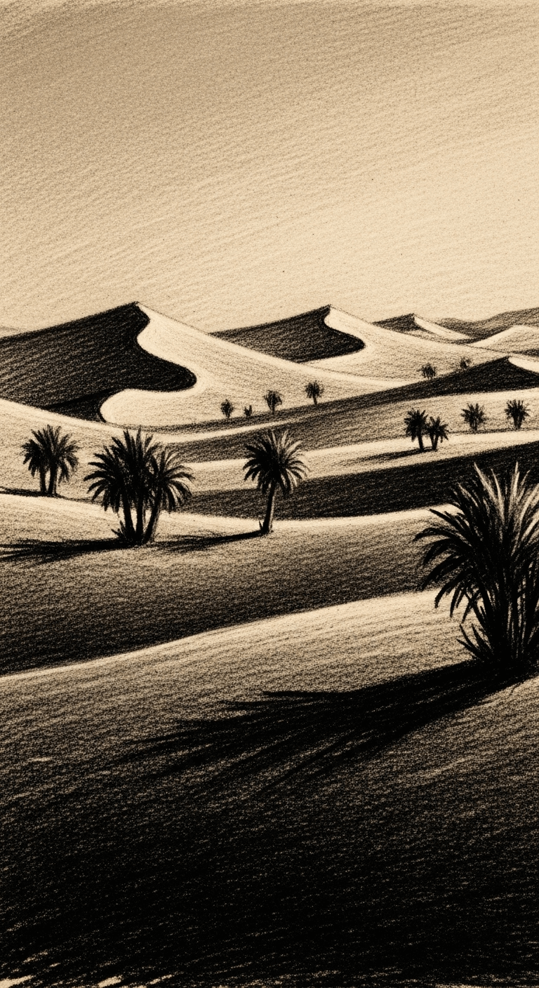 Serene desert landscape at dawn, with divine light descending, symbolizing guidance.