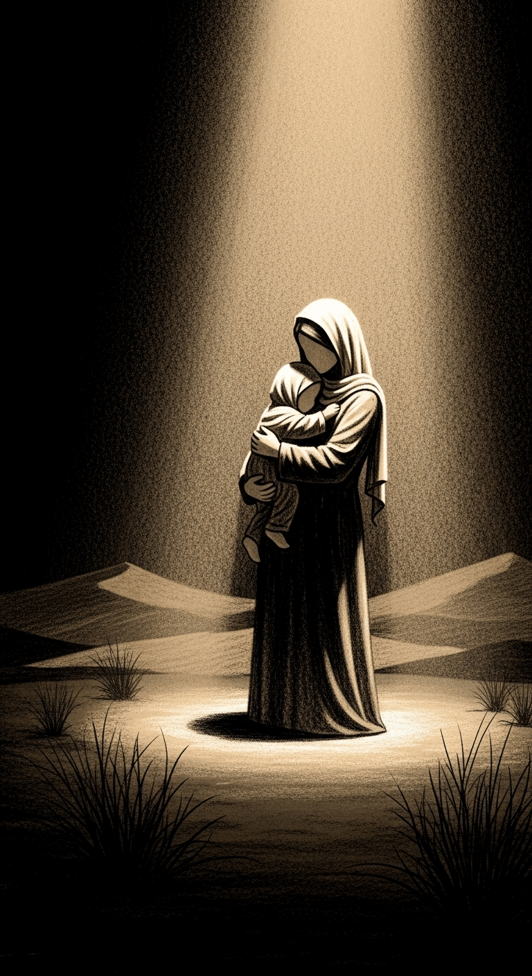 Abstract depiction of a loving mother embracing her child, bathed in a gentle light.
