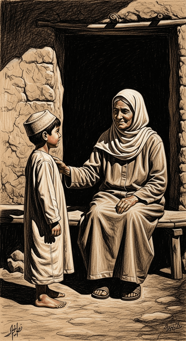A young boy looks up at an older woman, السَّيِّدَةُ فَاطَمةُ بِنْتُ أَسَدٍ, with a kind, loving smile in a humble home, a charcoal drawing.