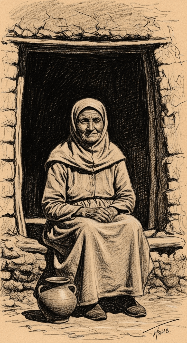 Rough charcoal drawing of السَّيِّدَةُ فَاطَمةُ بِنْتُ أَسَدٍ, a gentle older woman with a serene expression, seated in a simple mudbrick home.
