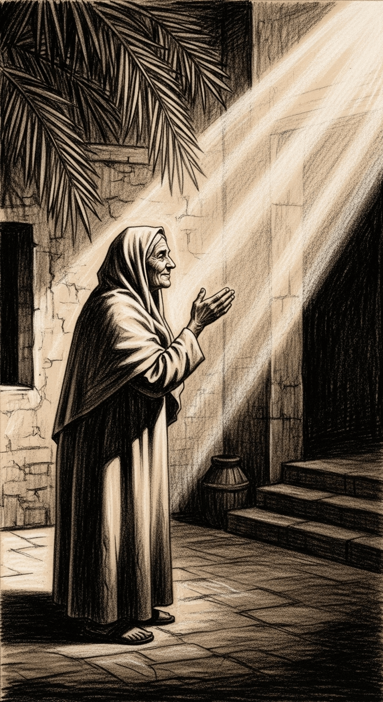 Rough charcoal drawing of السَّيِّدَةُ فَاطَمةُ بِنْتُ أَسَدٍ looking at a radiant light representing Prophet Muhammad (PBUH) with affection.