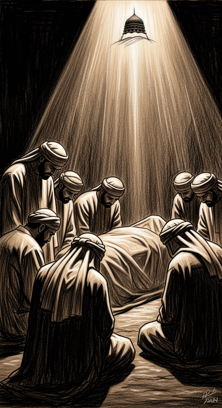 Somber figures around a shrouded form, with a radiant light (Prophet Muhammad PBUH) appearing, a charcoal drawing.
