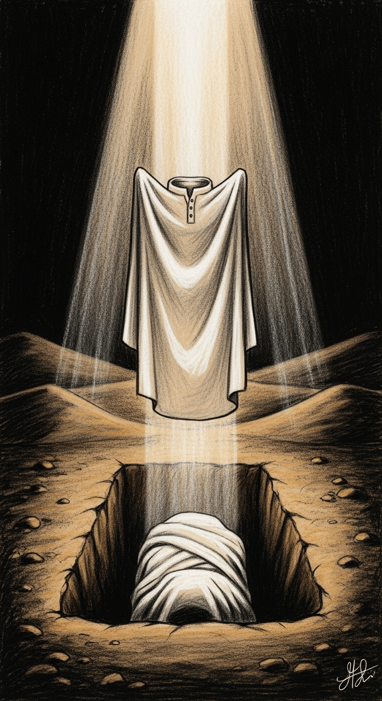 A plain white thawb is lowered onto a shrouded form, and a radiant light descends into an open grave, a charcoal drawing.