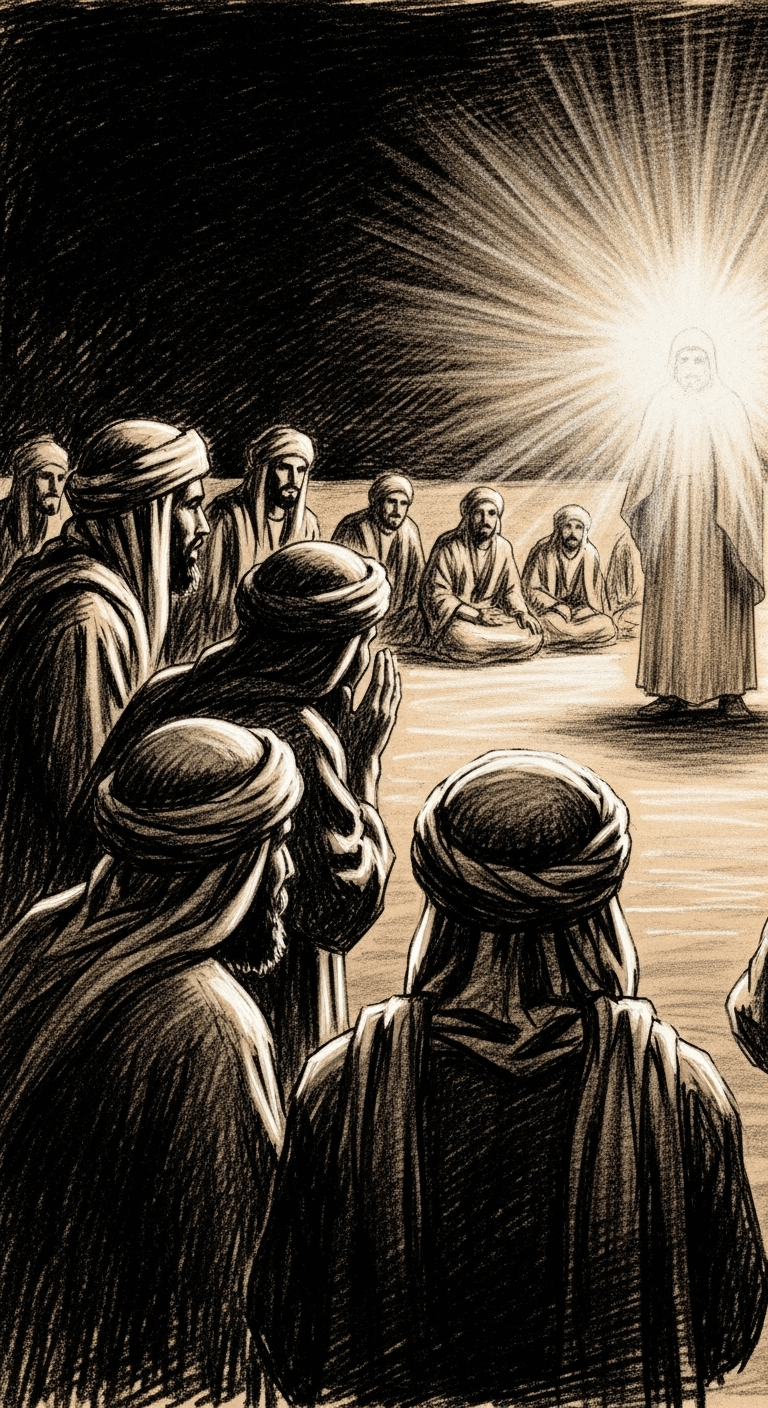 Companions (Sahaba) with respectful curiosity look towards a radiant light (Prophet Muhammad PBUH) in a desert, a charcoal drawing.