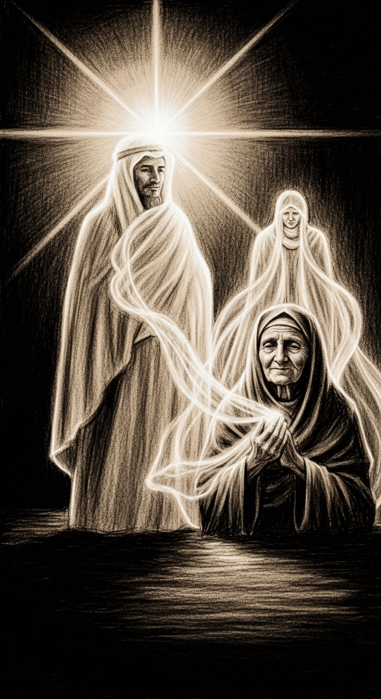 A radiant light (Prophet Muhammad PBUH) shines, with ethereal garments appearing around a serene image of السَّيِّدَةُ فَاطَمةُ بِنْتُ أَسَدٍ, a charcoal drawing.