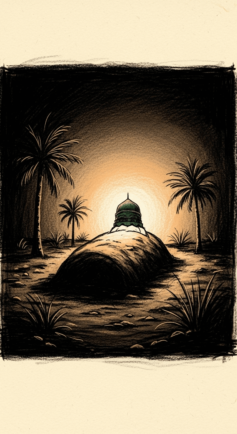 A warm, comforting light (Prophet Muhammad PBUH) illuminates a peaceful, simple grave in the desert, a charcoal drawing.