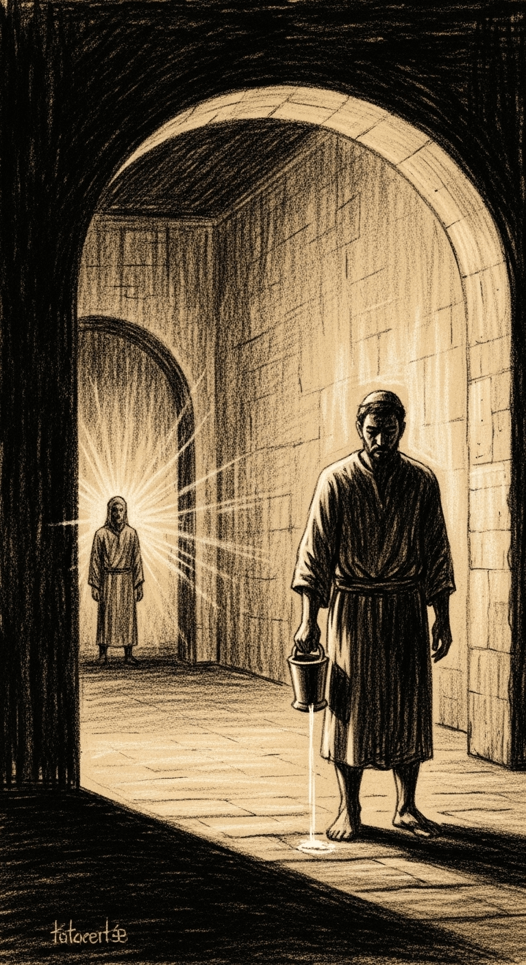 Rough charcoal drawing of a man with an untouched water cup standing sadly where Ikrimah's radiant light once glowed, now extinguished, with Al-Harith's light faintly visible in the background.