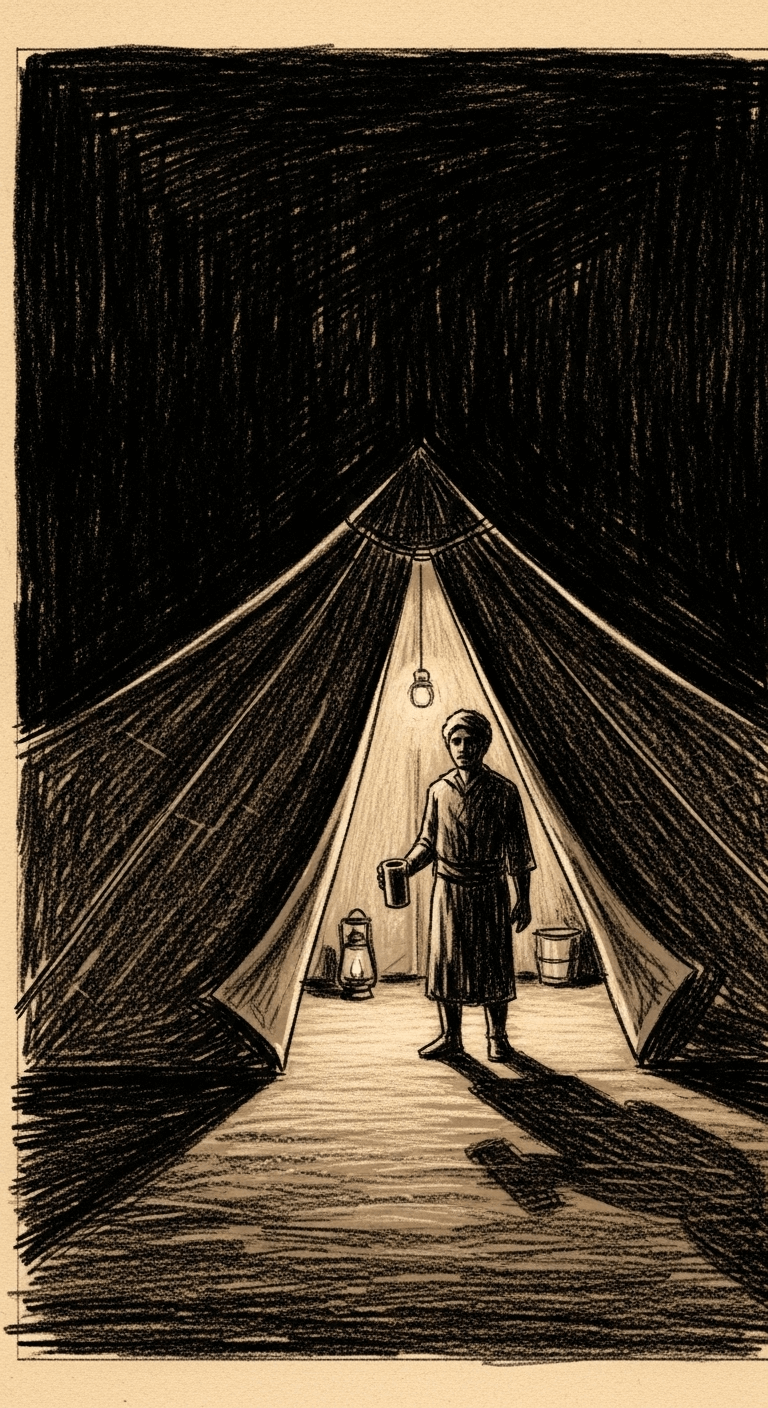 Rough charcoal drawing of a man holding a full cup of water where Al-Harith's light once was, now completely faded, leaving the tent in quiet dimness.