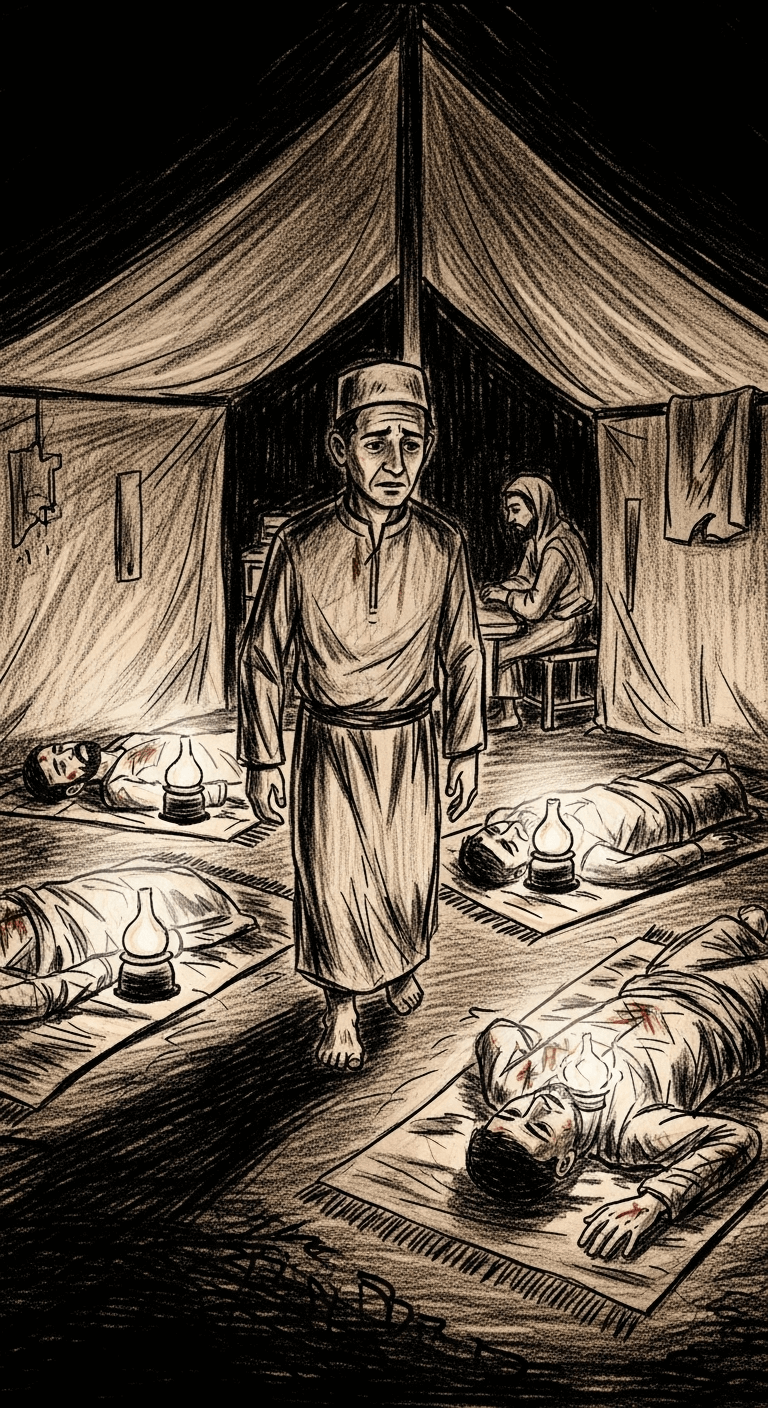 Rough charcoal drawing of three glowing figures representing wounded companions in a dimly lit medical tent, with a concerned helper nearby.