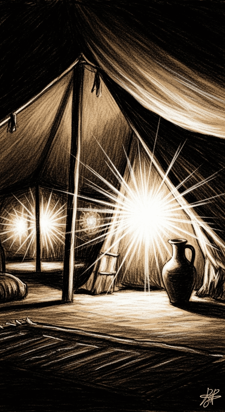 Rough charcoal drawing of a prominent radiant light (Al-Harith) in a tent, with faint lights of other companions in the background and a clay water jug nearby.