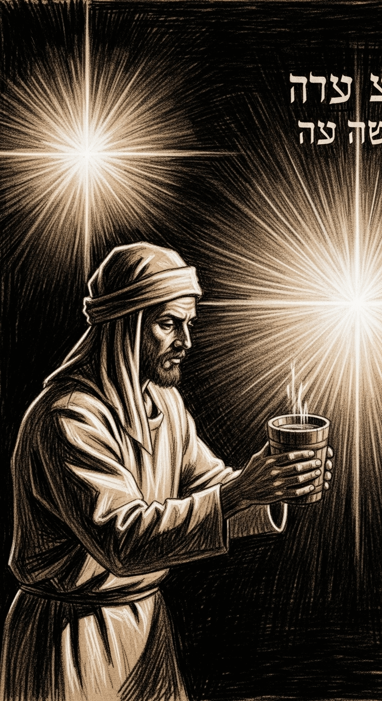 Rough charcoal drawing of a man holding a small cup of water near a brilliant radiant light (Al-Harith), with another light (Ikrimah) appearing brighter in the background, focused on the water.