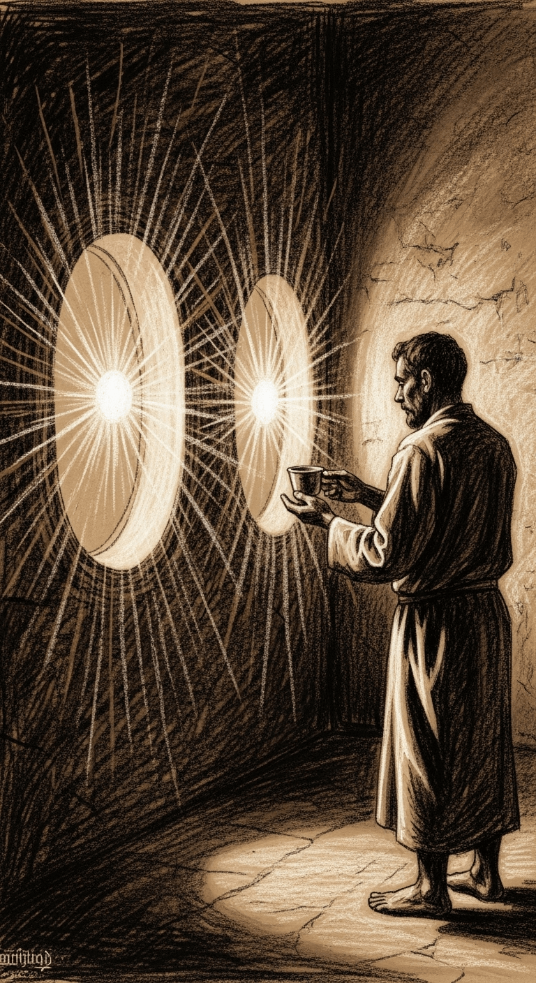 Rough charcoal drawing of a man holding a water cup, looking from Al-Harith's radiant light towards Ikrimah's, as Al-Harith's light shines with a steady, peaceful glow.