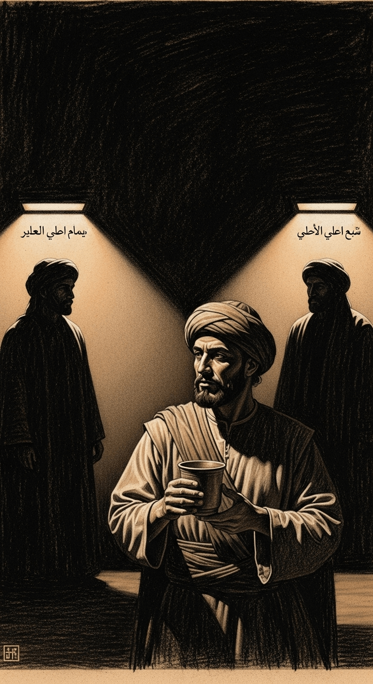 Rough charcoal drawing of a man holding a water cup, looking from Ikrimah's light towards Ayyash's light, both glowing serenely.