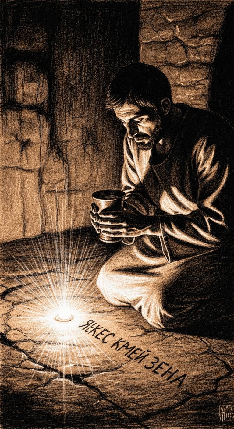 Rough charcoal drawing of a man holding a water cup, kneeling beside a very faint, almost extinguished radiant light (Ayyash), conveying profound solemnity.