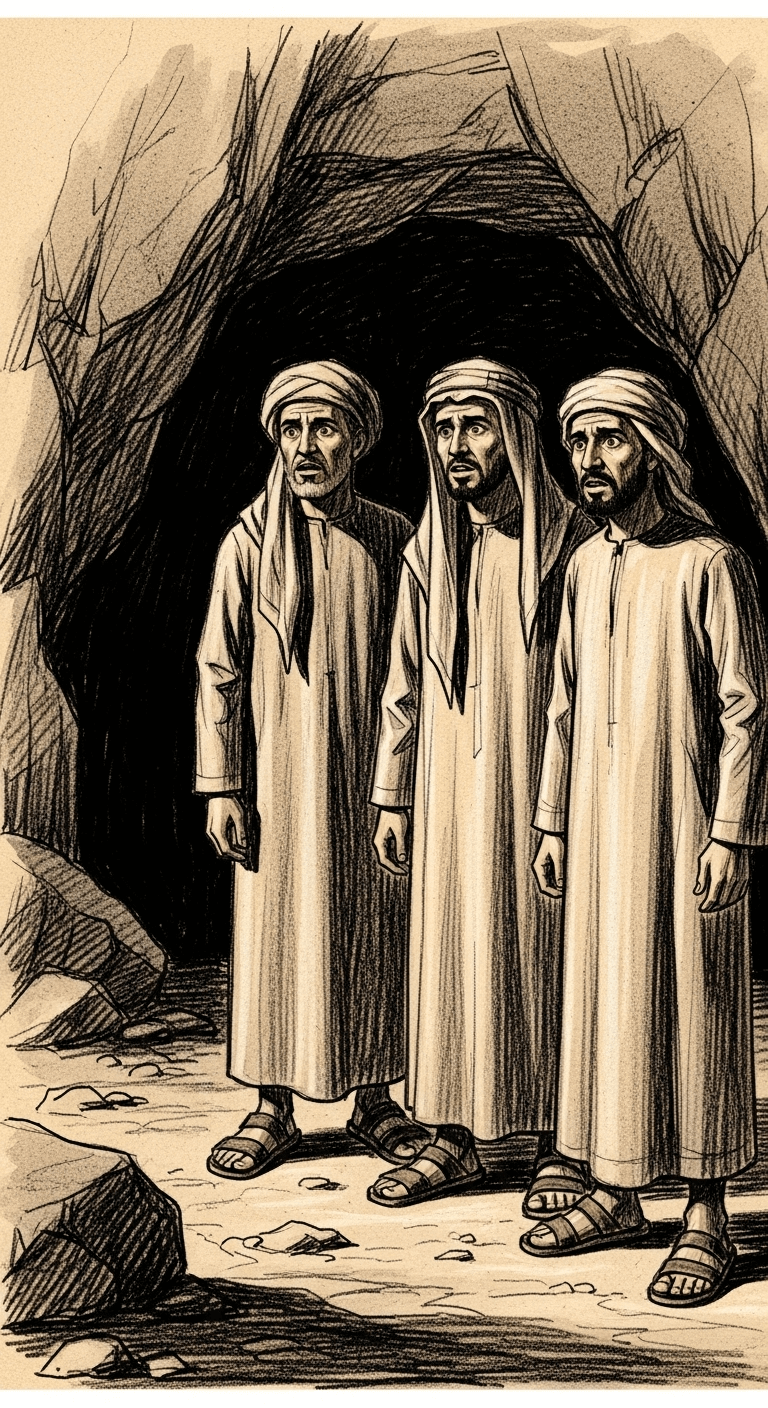 Three men looking with concern towards a dark mountain cave entrance in sepia tones.