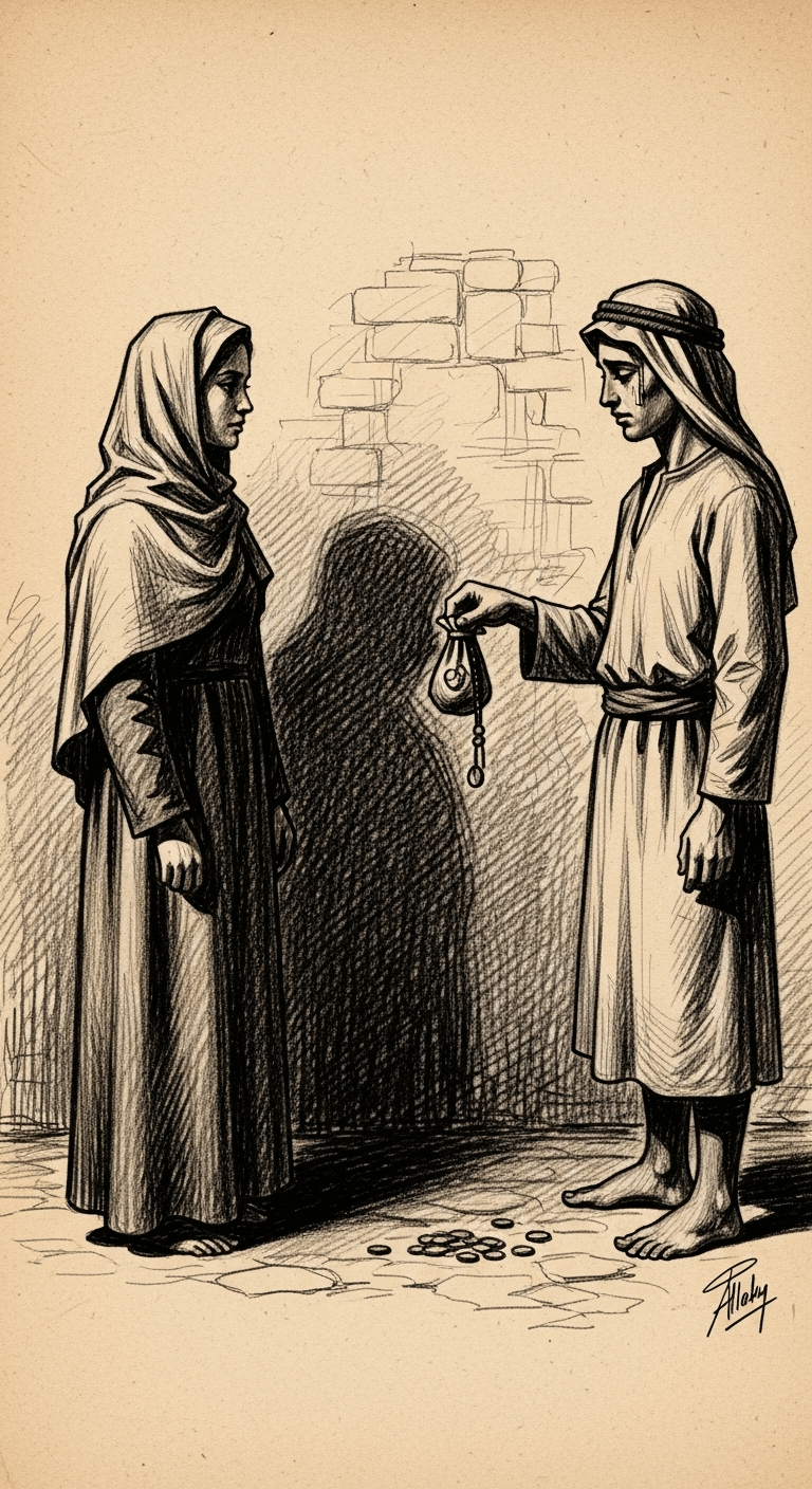 A younger version of the second man offering a pouch of coins to his cousin, showing remorse and piety.