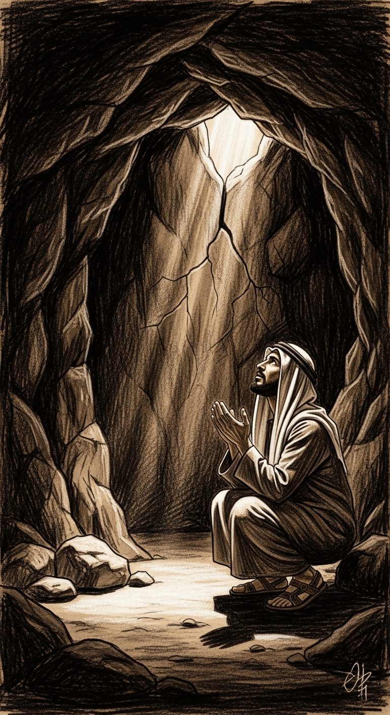 The second man, clean-shaven, praying in the dark cave as the crack in the giant boulder widens significantly.