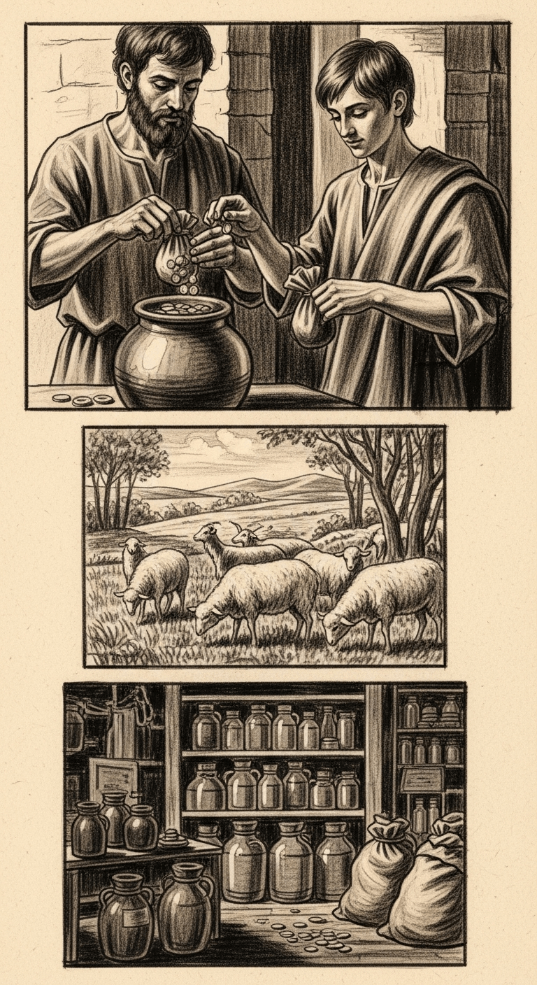 A sequence of three small scenes showing a man investing coins, then thriving fields with animals, and a storeroom filled with wealth.
