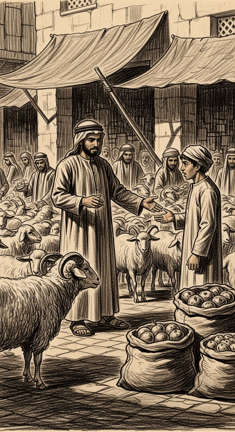 A younger third man generously offering a large herd of sheep and goats and overflowing sacks of produce to an astonished worker.