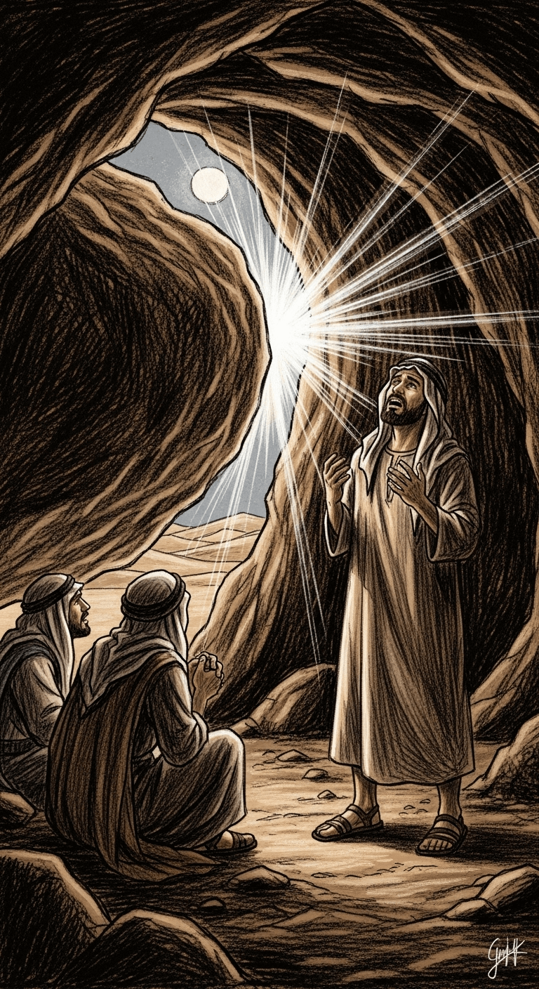 The third man praying in the dark cave as the giant boulder has completely moved away, revealing the moonlit desert outside.