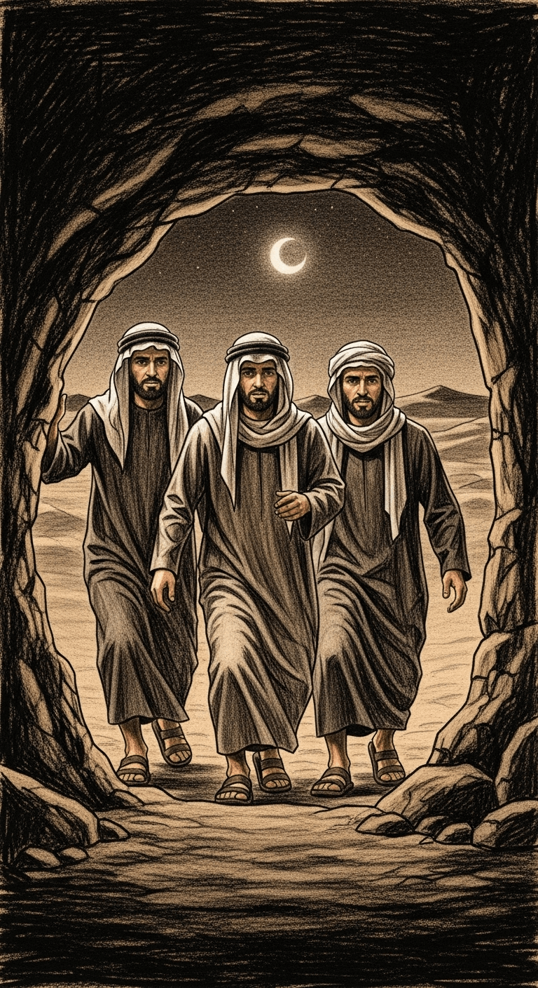 The three men walking out of the now-open cave entrance into the peaceful desert night, their faces filled with relief and gratitude.