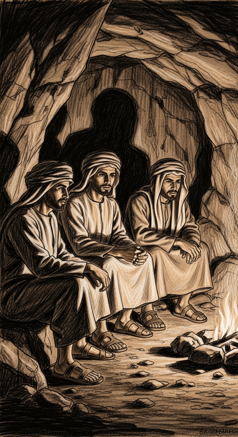 Three men huddled inside a dark, rocky cave with a small fire casting shadows.
