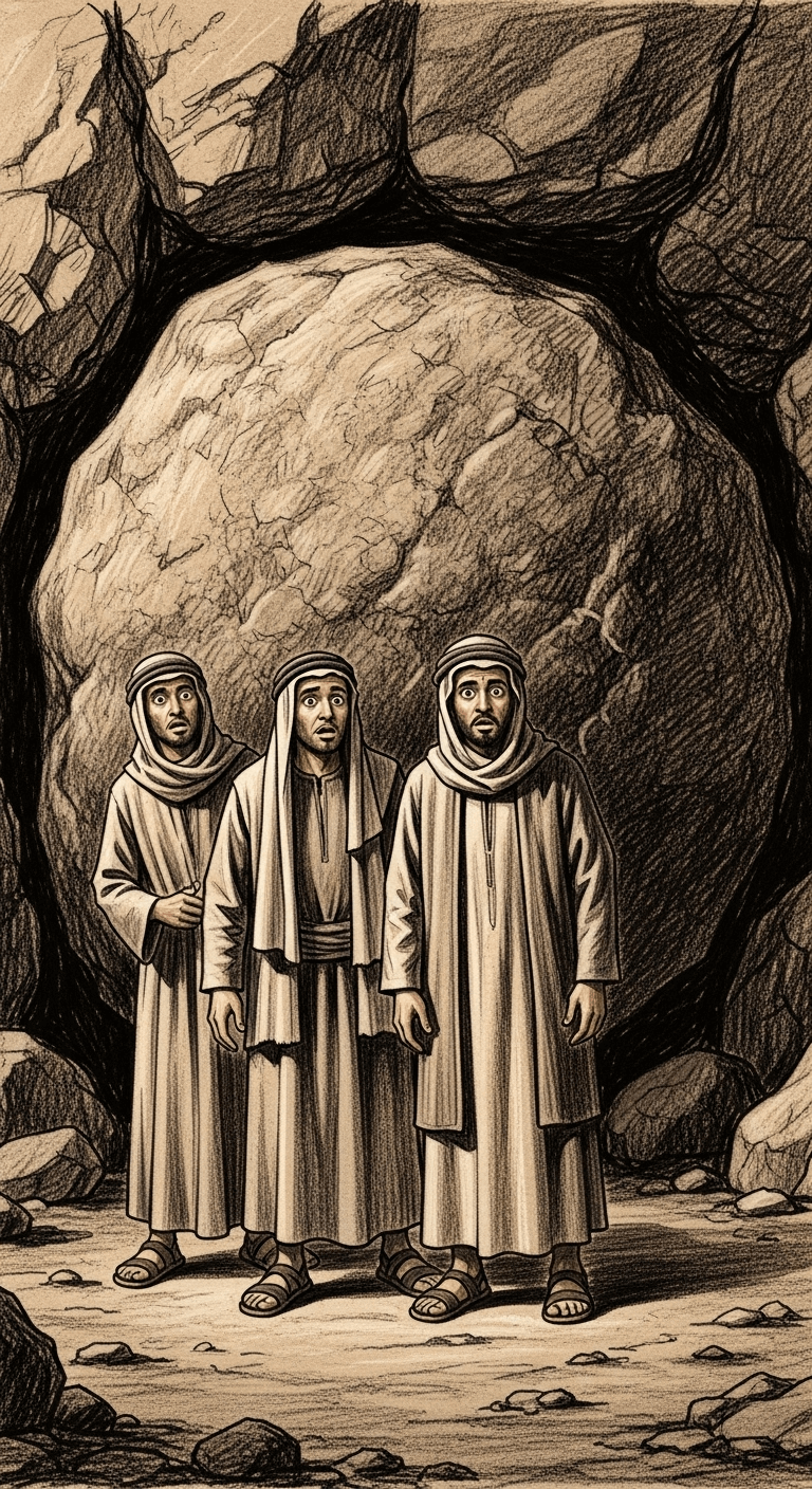 The cave entrance is completely sealed by a gigantic boulder, and the three men look fearful.