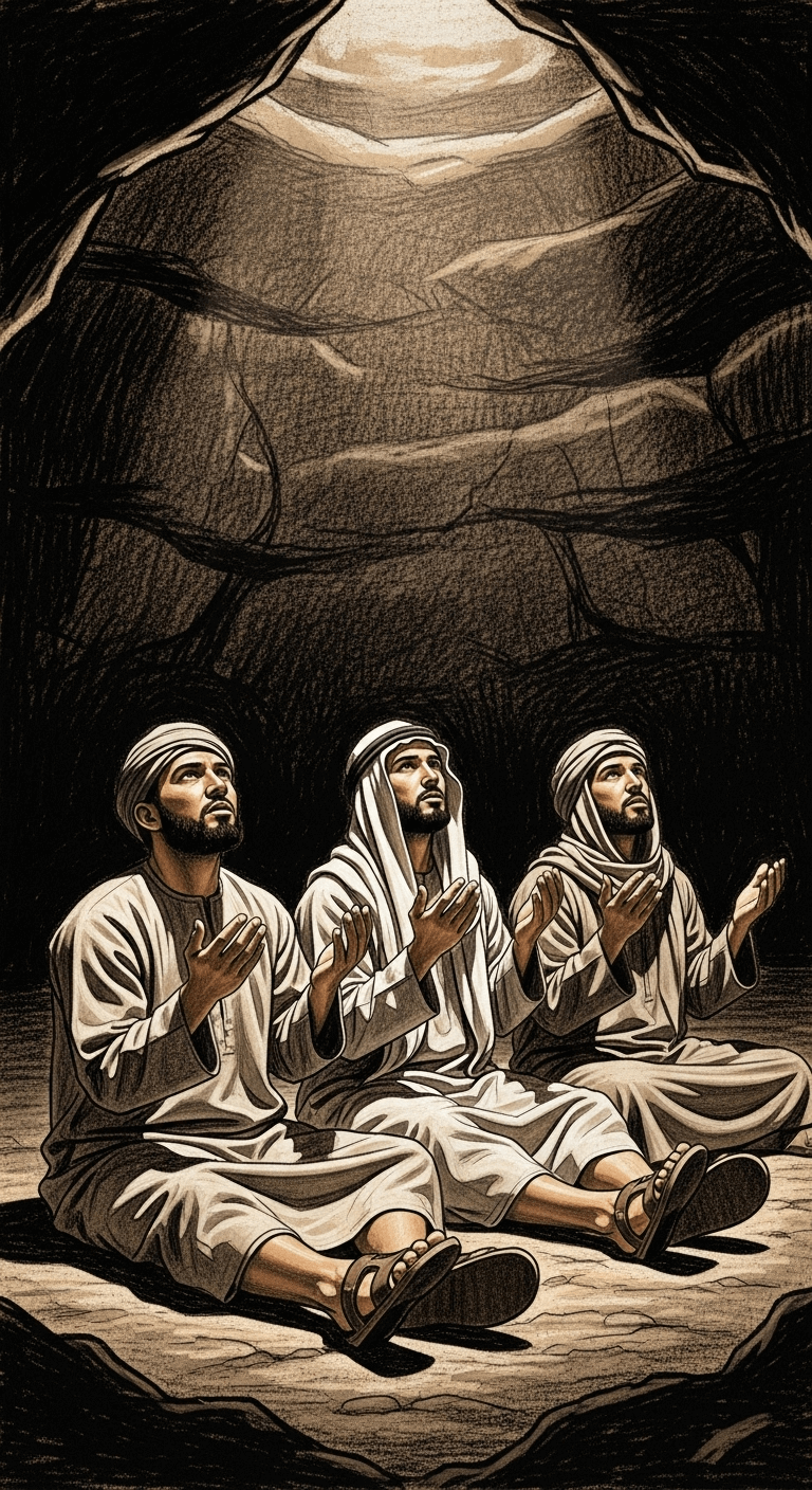 Three men sitting solemnly on the cave floor, looking upwards with hands raised in prayer.