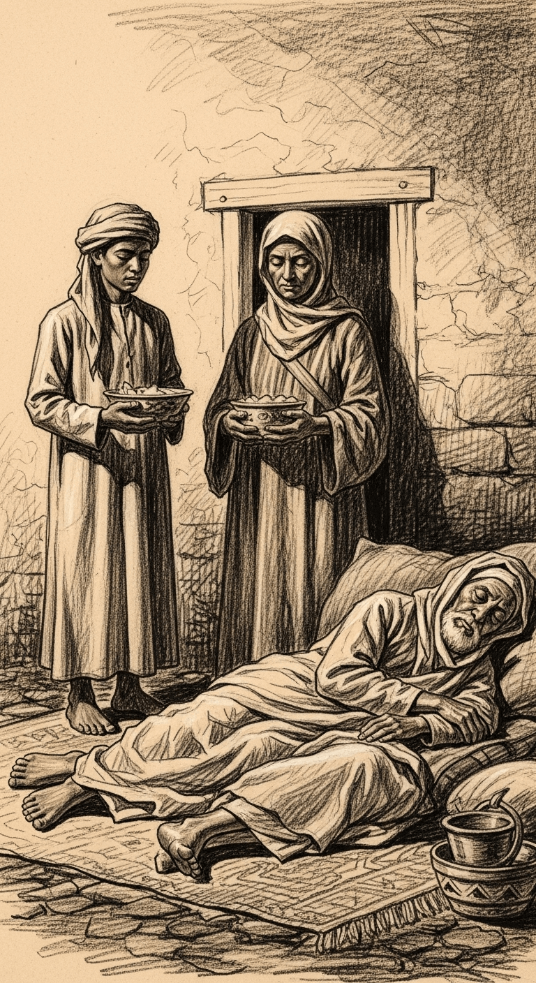 A younger version of the first man patiently holding a bowl of food while his elderly parents sleep on mats.