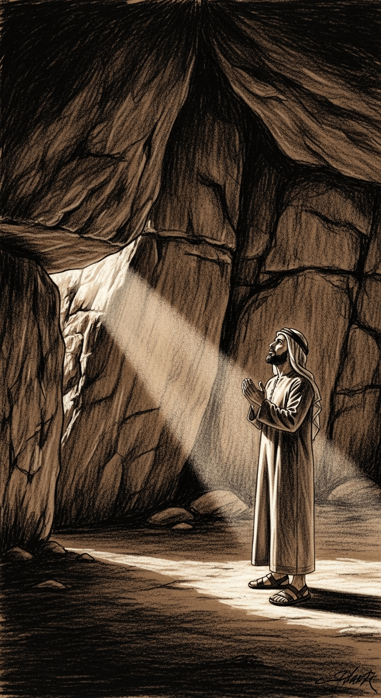 The first man, with a short beard, praying inside the dark cave as a small crack appears in the giant boulder.