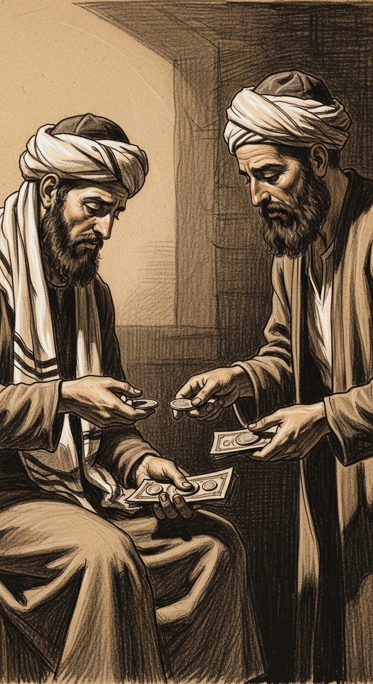 The humbled Jewish man exchanging counterfeit coins for real money with the Muslim merchant.
