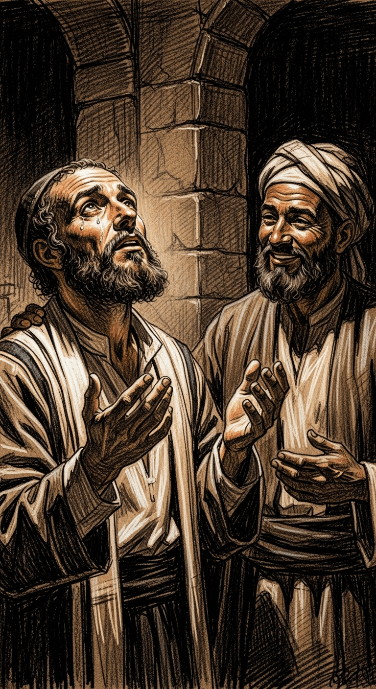 The Jewish man, with tears, raises his hands in supplication, illuminated by soft light, as the Muslim merchant smiles gently.