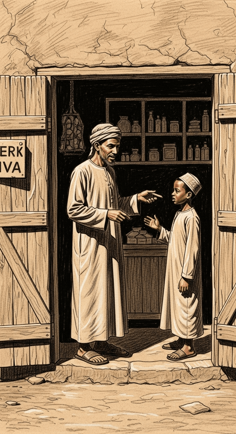 A Muslim merchant instructing his young worker at the shop entrance, gesturing towards the interior.
