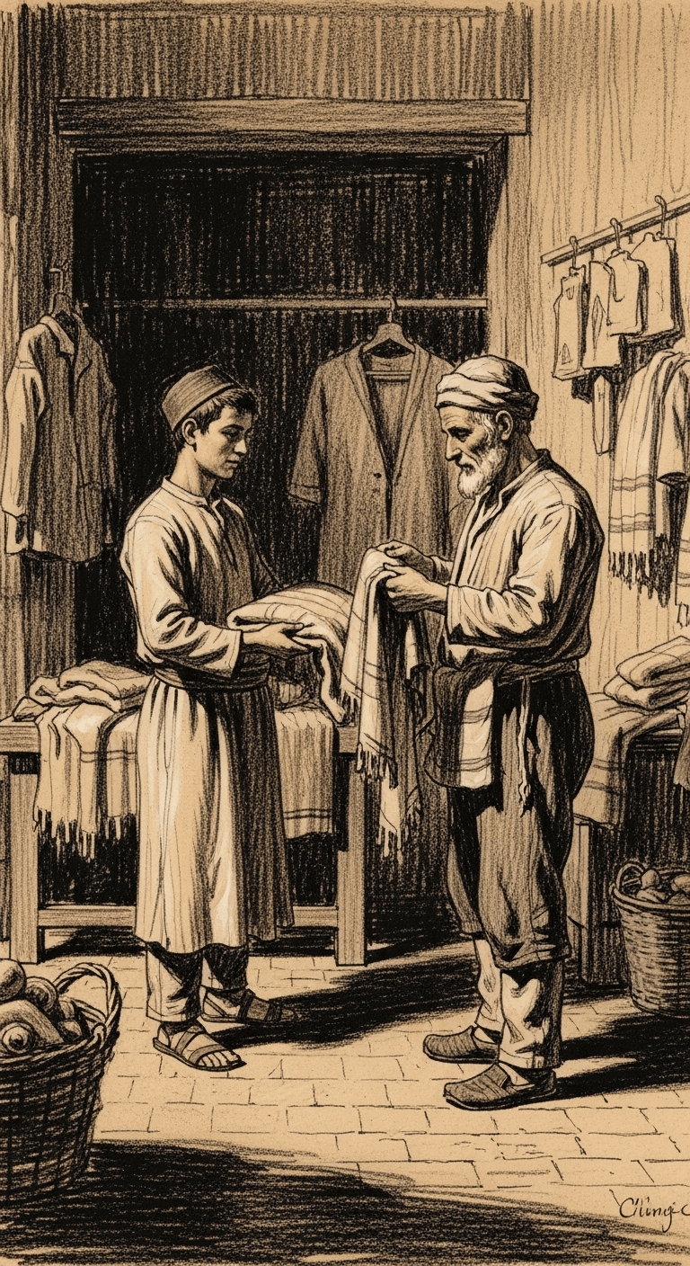 A young worker handing a folded cloth to an older Jewish man, avoiding eye contact, inside the shop.