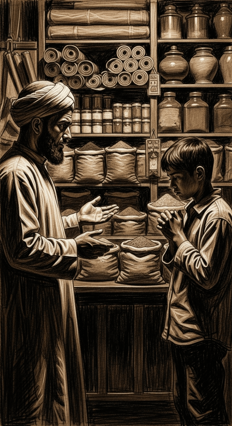 The Muslim merchant listens with a concerned expression as his downcast worker explains the sale.