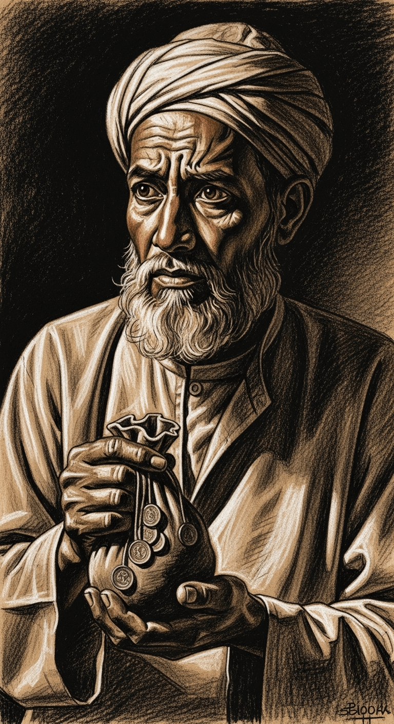 The Muslim merchant's face shows deep concern and a sense of responsibility, holding a small bag of coins.
