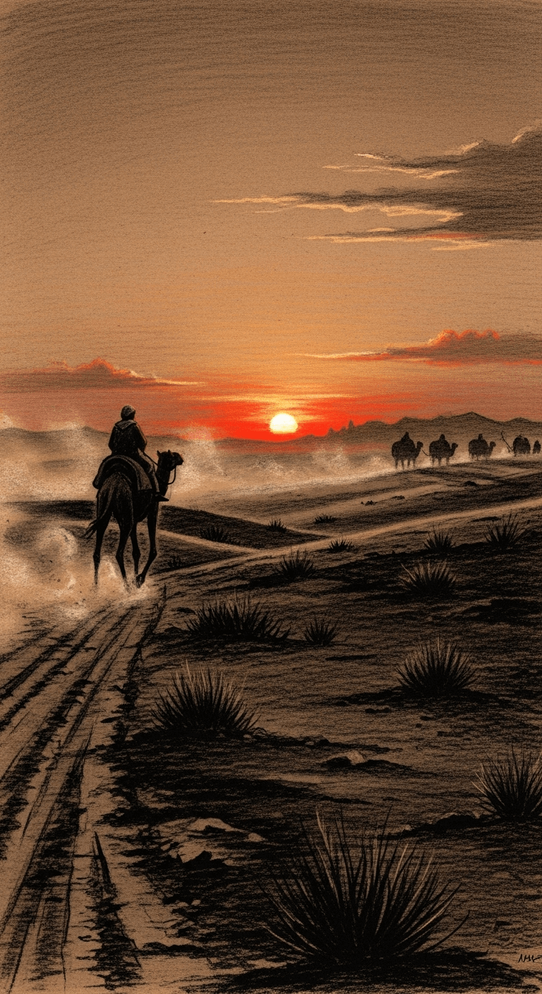 A wide shot of a desert landscape at dusk, with the Muslim merchant on a camel pursuing a distant caravan.