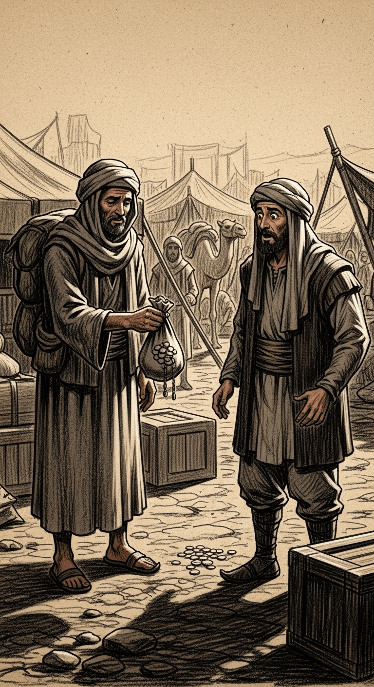 The Muslim merchant, looking tired but earnest, stands before the surprised Jewish man, offering a bag of coins.