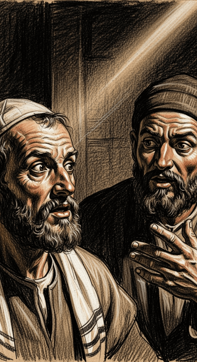 Close-up of the astonished Jewish man and the Muslim merchant speaking with conviction, a radiant light briefly flashing.